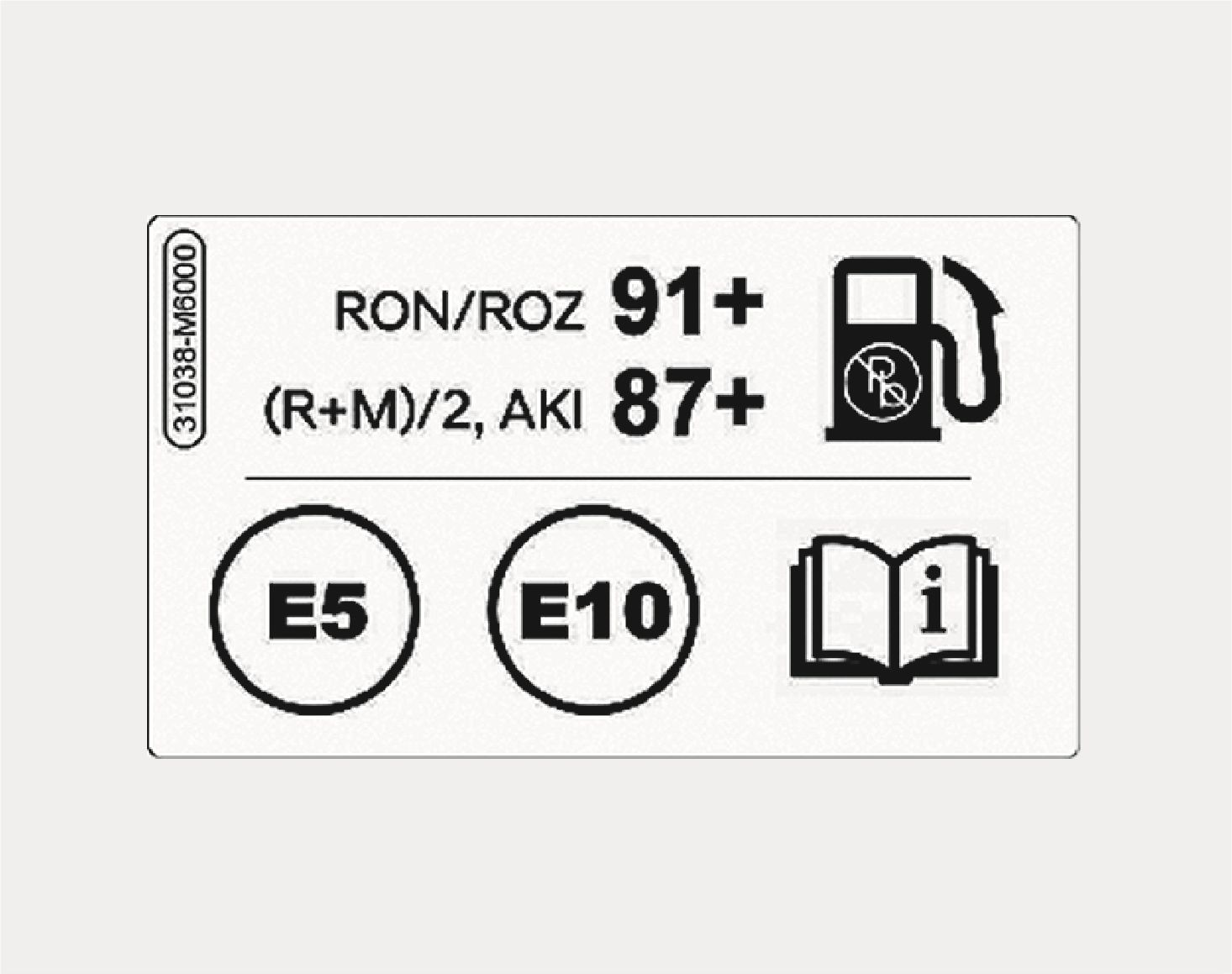 2025 Genesis GV70 fuel label image. The label shows 'RON/ROZ 91+' and 'AKI 87+' text, circular 'E5' and 'E10' symbols, and a fuel pump icon. It indicates the recommended unleaded gasoline octane rating and compatible petrol-type fuels.
