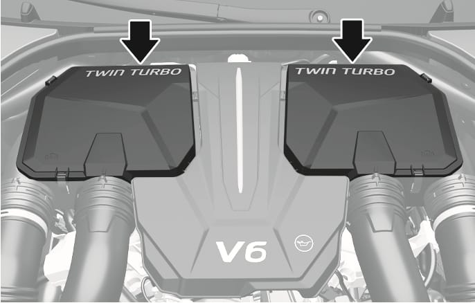 2025 Genesis GV70 3.5 T-GDI engine air cleaner location image. Two large black arrows point downwards to the left and right air cleaner covers labeled 'TWIN TURBO', positioned on either side of the central engine cover marked 'V6'. Explains the location of the air cleaner filters within the engine compartment.
