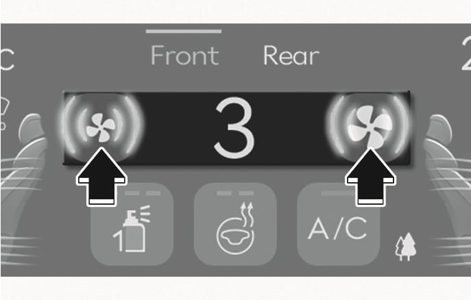 2025 Genesis GV70 air volume control interface image. The display shows the number '3' flanked by fan icons. Two black arrows pointing upward indicate the touch areas on the fan icons. Explains the function of adjusting the fan speed to the desired level.