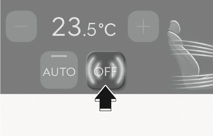 2025 Genesis GV70 climate control OFF button image. A black arrow pointing upward indicates the action of pressing the 'OFF' button on the control panel displaying '23.5°C'. Explains the function of turning off the climate control system.