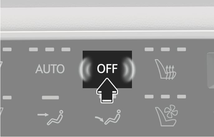 2025 Genesis GV70 climate control OFF button image. A black arrow pointing upward indicates the action of pressing the 'OFF' button on the control panel. Explains the function of turning off the climate control system.