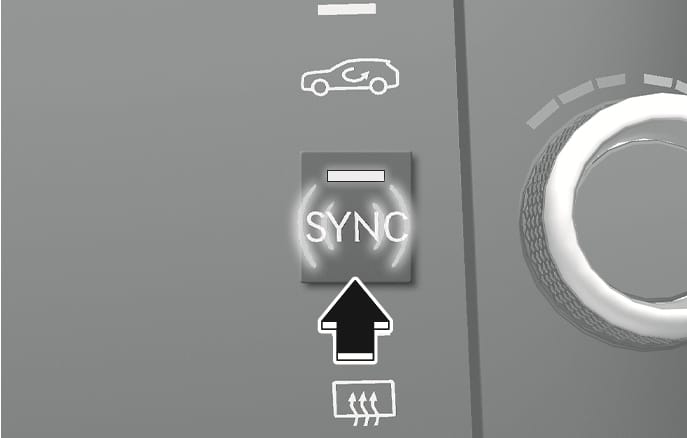 2025 Genesis GV70 SYNC button image. A black arrow pointing upward indicates the action of pressing the 'SYNC' button on the climate control panel. Explains the function to synchronize or individually control the air flow direction for the driver, passenger, and rear seats.