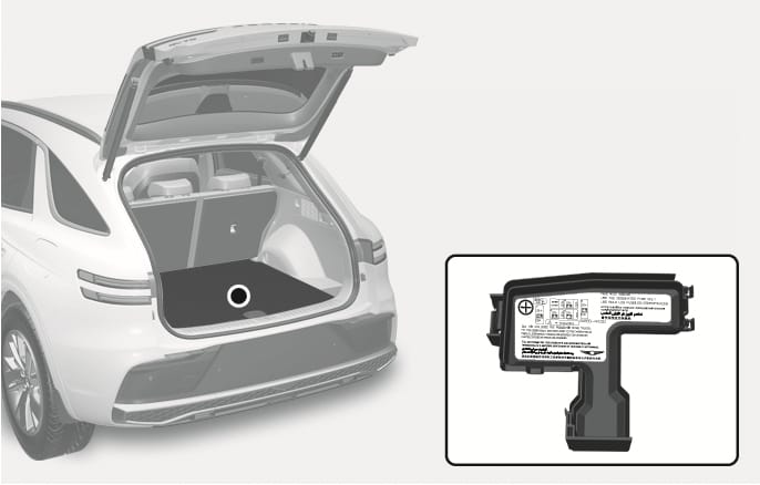 2025 Genesis GV70 battery fuse label image. The rear tailgate is open, and a circle on the luggage compartment floor highlights the location of the label. An inset shows the black L-shaped label containing fuse diagrams, amperage ratings, and the Genesis logo. Explains the location and appearance of the battery fuse label found in the trunk.