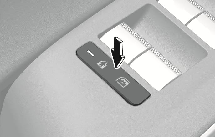 2025 Genesis GV70 electronic child safety lock button image. A black arrow points down to the electronic child safety lock button on the door armrest, marked with child and window lock icons. Explains the function of activating the child safety lock to prevent rear doors from opening when Safe Exit Assist detects an approaching vehicle.