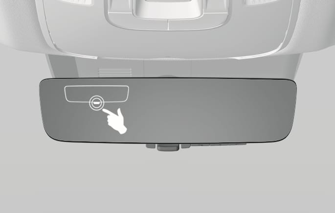 2025 Genesis GV70 Digital Center Mirror malfunction warning image. A white graphic on the left side of the mirror display depicts a hand pressing the control at the bottom of the mirror. This alerts the driver to a system error and instructs them to switch to the conventional optical mirror mode.