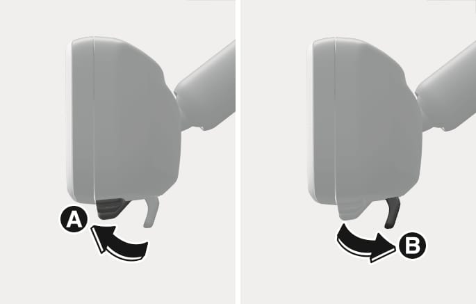 2025 Genesis GV70 Digital Center Mirror mode changing lever image. On the left (A), a black curved arrow shows pulling the lever towards the driver, and on the right (B), pushing it towards the windshield. Explains the function of switching between Digital Center Mirror and conventional mirror modes.