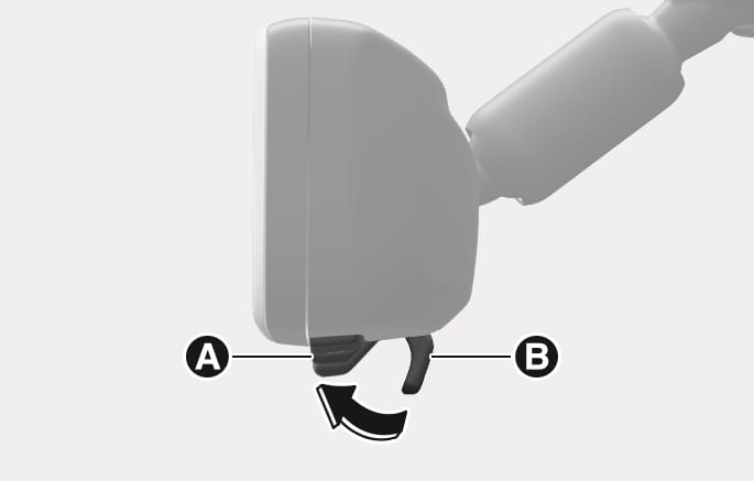 2025 Genesis GV70 Digital Center Mirror mode adjustment image. The side view of the rearview mirror shows a lever at the bottom with labels (A) and (B). A curved black arrow indicates the movement of the lever from position (A) to (B). This illustrates the function of operating the lever to switch between Digital mode and Conventional rearview mirror mode.