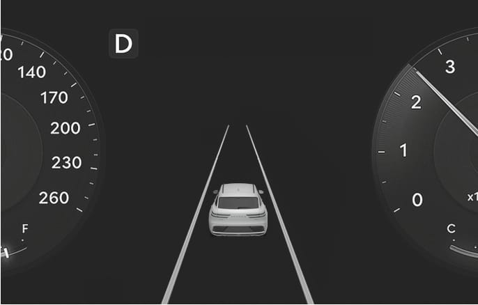 2025 Genesis GV70 instrument cluster Driving Assist view image. A 3D vehicle graphic appears between lane lines in the center, flanked by partial speedometer and tachometer gauges with a 'D' gear indicator. This explains the view mode displaying the status of Driver Assistance systems.