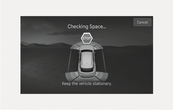 2025 Genesis GV70 Remote Smart Parking Assist screen image. A top-down vehicle view shows a 'STOP' icon and sensor waves. Text reads 'Checking Space...' and 'Keep the vehicle stationary.' This describes the scanning process while the vehicle is stopped.