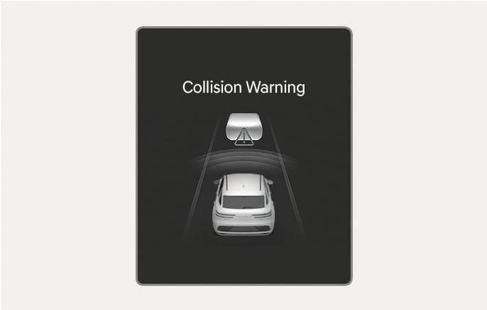 2025 Genesis GV70 instrument cluster collision warning screen image. The text 'Collision Warning' appears above a vehicle icon overlaid with a warning triangle containing an exclamation mark. A white vehicle is shown on the road with sensor wave lines ahead. This explains the visual warning function of the Forward Collision-Avoidance Assist system.
