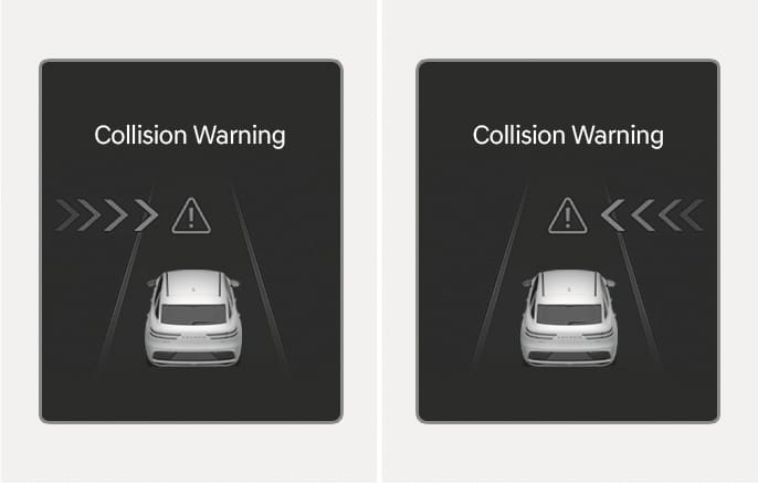 2025 Genesis GV70 instrument cluster display showing the Collision Warning interface. The screen features a vehicle image, a warning triangle icon, and the text 'Collision Warning' with directional chevron arrows. This illustrates the visual alerts provided when the Forward Collision-Avoidance Assist detects a collision risk.