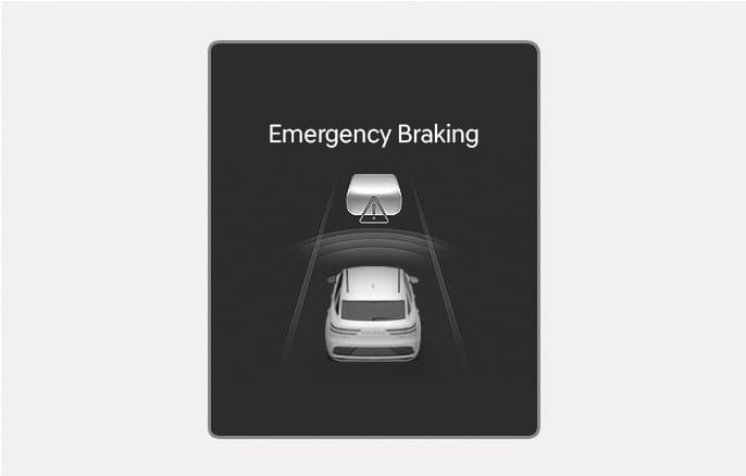 2025 Genesis GV70 instrument cluster image showing the Emergency Braking warning. The text 'Emergency Braking' is displayed above a white vehicle and a preceding vehicle graphic with a triangle exclamation icon. This explains the visual alert provided when emergency braking is assisted.