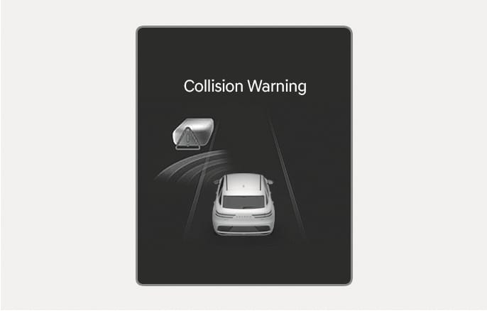 2025 Genesis GV70 Junction Turning Collision Warning image. The instrument cluster displays 'Collision Warning' text. A graphic depicts the vehicle detecting an oncoming car on the left, highlighted with a warning triangle icon and radar waves. This explains the warning function for collision risks with oncoming vehicles while turning at a junction.