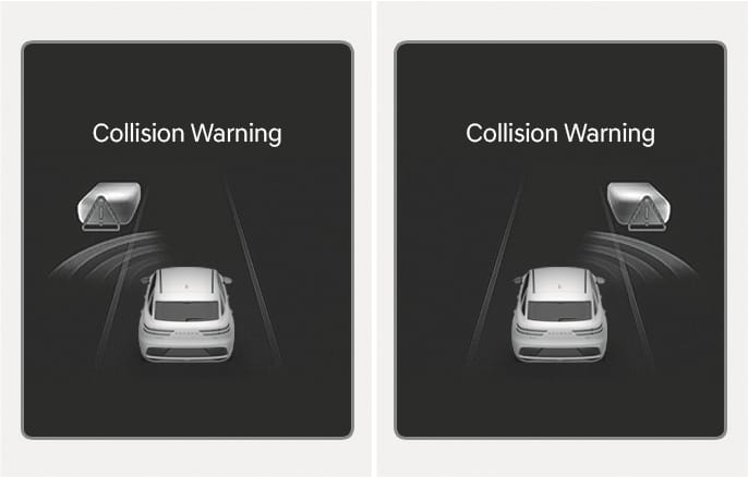 2025 Genesis GV70 Junction Turning Collision Warning image. The instrument cluster screen displays the text 'Collision Warning' and a graphic of the vehicle detecting an oncoming car on the left with a warning triangle icon. This explains the function that warns of collision risks with oncoming vehicles while turning at a junction.
