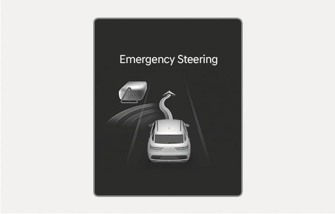 2025 Genesis GV70 Emergency Steering warning image. The text 'Emergency Steering' is displayed above a white vehicle, with a curved arrow indicating an evasive maneuver to avoid an oncoming vehicle icon marked with a warning triangle. This illustrates the emergency steering assist function.