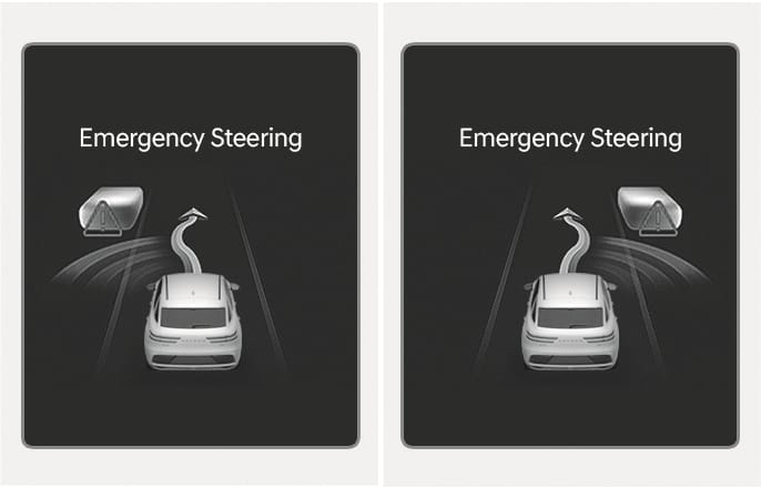 2025 Genesis GV70 Emergency Steering function image. The text 'Emergency Steering' is displayed above a vehicle. A curved arrow indicates the steering path to avoid an obstacle marked with a warning triangle. Explains the emergency steering assistance function.