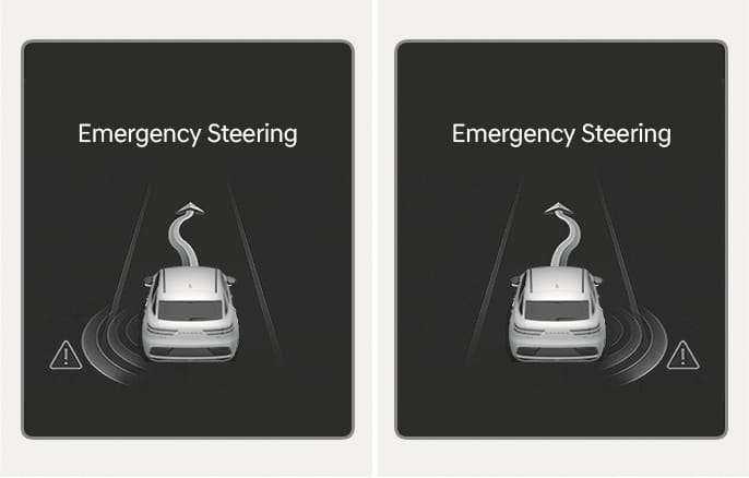 2025 Genesis GV70 Emergency Steering warning image. The instrument cluster displays 'Emergency Steering' text and a vehicle graphic with a curved arrow indicating an evasive steering maneuver. A warning triangle icon and radar waves are shown on the side. This describes the visual warning displayed when the system assists with emergency steering to avoid a collision.
