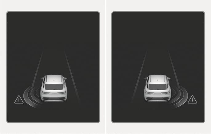 2025 Genesis GV70 Lane Change Side Collision Warning image. Two panels display a vehicle with curved detection waves and a triangle warning icon with an exclamation mark appearing on the left and right sides respectively. This explains the function that warns of side collision risks.