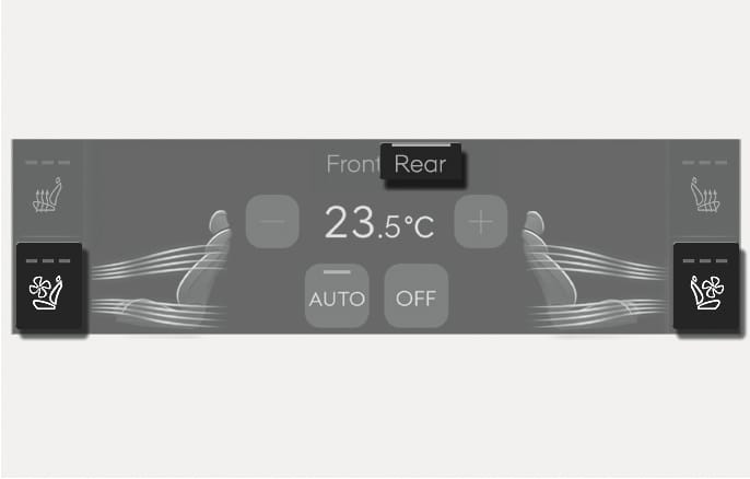 2025 Genesis GV70 rear seat ventilation control screen image. The 'Rear' tab is selected on the climate control display. Seat icons with wavy airflow lines are shown on the left and right, next to ventilation buttons with a fan symbol. Explains the function of operating the rear seat ventilation from the front seat.