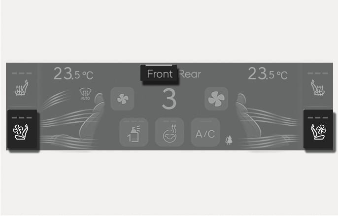 2025 Genesis GV70 front seat ventilation switch image. The climate control screen shows the 'Front' tab selected and highlights the ventilation buttons with seat and fan icons on both sides. Explains the function to activate cooling for the front seats.