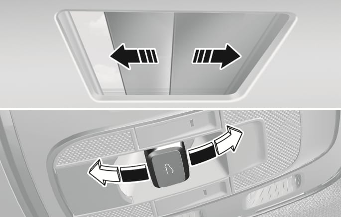 2025 Genesis GV70 Power sunshade operation image. The upper part shows the sunshade with arrows indicating movement, and the lower part shows the overhead console switch with curved arrows indicating forward and rearward directions. Describes the function of opening and closing the sunshade using the control switch.