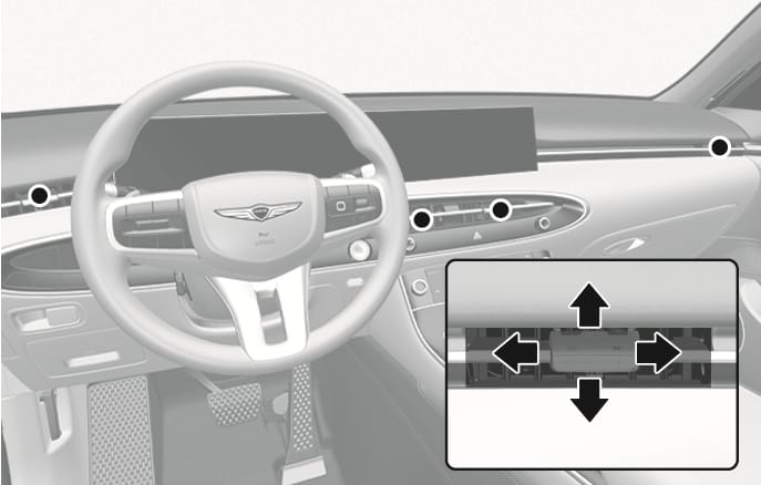 2025 Genesis GV70 front instrument panel vents image. Black circles mark the air vents on the dashboard, and a close-up view shows the vent adjustment lever with black arrows indicating vertical and horizontal movements. This explains the function of adjusting the air flow direction.