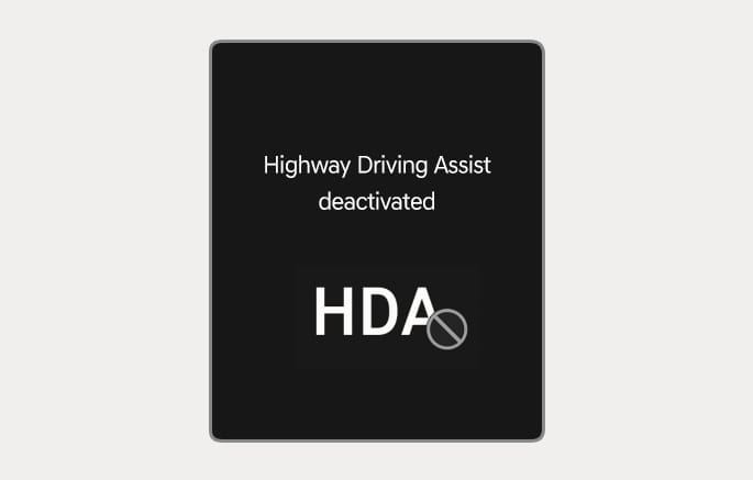 2025 Genesis GV70 Highway Driving Assist deactivation warning image. The instrument cluster displays the text 'Highway Driving Assist deactivated' and the 'HDA' symbol overlaid with a grey prohibition icon. This explains the notification shown when the system is canceled because the driver's hands were not detected.