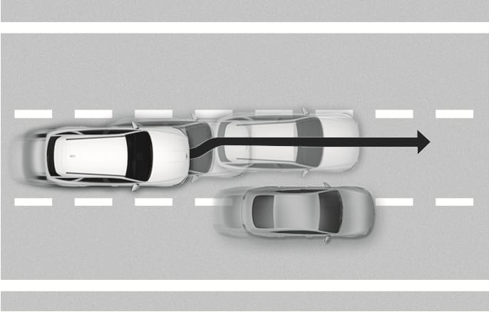 2025 Genesis GV70 Driving to one side within lane image. A top-down view shows a white vehicle in the center lane with a black arrow curving right, moving away from a close grey vehicle in the left lane. Explains the function that steers the vehicle to the opposite side of the lane to avoid adjacent vehicles.