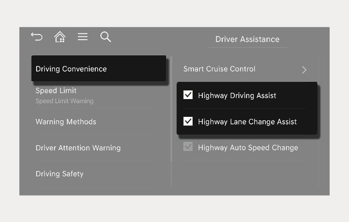 2025 Genesis GV70 Driving Convenience settings screen image. The infotainment display shows 'Driver Assistance' with 'Driving Convenience' selected. 'Highway Driving Assist' and 'Highway Lane Change Assist' are shown with checked boxes. Explains the function of configuring highway driving assistance features.