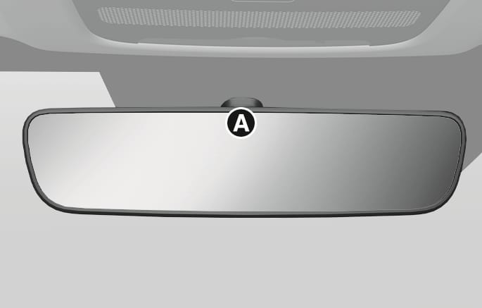 2025 Genesis GV70 Electric Chromic Mirror (ECM) image. The interior rearview mirror is shown with a callout (A) pointing to the indicator located at the top center. This illustrates the location of the component that helps control glare from vehicle headlamps behind.