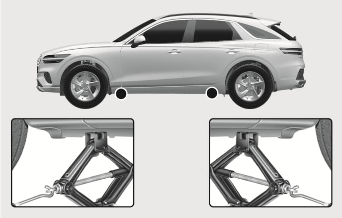 2025 Genesis GV70 jacking positions image. The side view marks jacking points on the lower frame near the front and rear wheels with black circles. Close-up views show the jack head engaging the notched frame plates. Illustrates the correct jack placement to safely lift the vehicle.