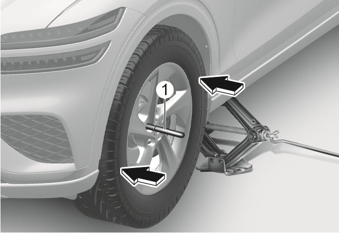 2025 Genesis GV70 spare tire installation image. The image shows the spare tire being pushed onto the wheel hub, aligned by a centering pin (1). Large black arrows indicate the direction of installation. Explains the function of mounting the spare tire using the centering pin.