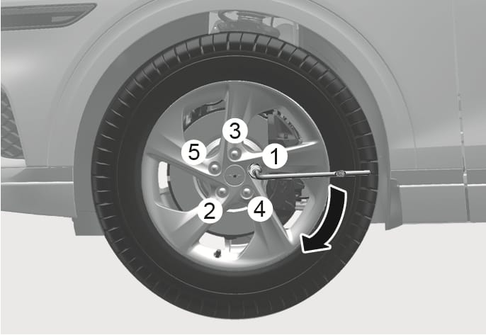2025 Genesis GV70 wheel bolt tightening order image. A lug wrench is positioned on a wheel bolt labeled 1, with a black curved arrow indicating clockwise rotation. The wheel bolts are numbered 1 through 5 in a star pattern to show the tightening sequence. Explains the correct order for tightening the wheel bolts using the lug wrench.