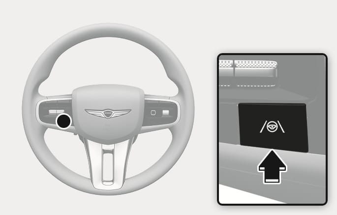 2025 Genesis GV70 Lane Following Assist button image. The steering wheel is shown with a black circle highlighting the button on the left spoke. A zoomed-in view displays the button featuring a steering wheel icon between lane lines, with a black arrow pointing upwards to indicate the pressing action. Explains the function of turning the Lane Following Assist system on or off.