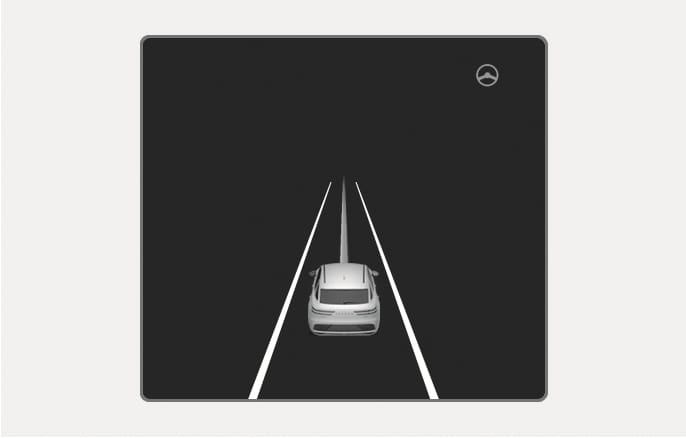 2025 Genesis GV70 Lane Following Assist display image. The cluster shows a vehicle centered between two white lane lines and a steering wheel icon. This explains the visual indication when the system detects lanes and provides steering assistance.