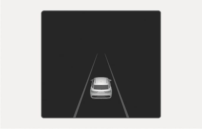 2025 Genesis GV70 Lane Following Assist display image. A white vehicle is positioned in the center with gray lane lines on the left and right on the instrument cluster screen. This explains the visual indication when the lane markings are not detected by the system.