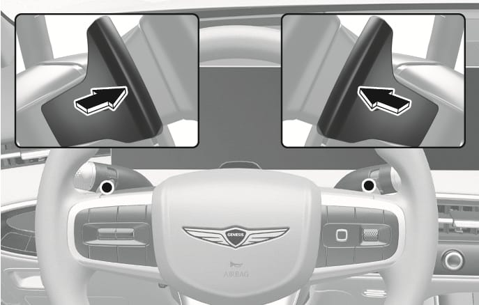 2025 Genesis GV70 paddle shifter image. The steering wheel is shown with paddle shifters located behind the left and right spokes. Inset views feature white arrows indicating the pulling action towards the driver. This explains the function of operating the paddle shifters to change gears in manual shift mode.