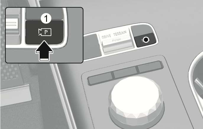 2025 Genesis GV70 Parking/View button image. The image shows the Parking/View button (1) labeled with a camera icon and the letter 'P' on the center console. A black arrow points upward to indicate the pressing action. Explains the function of pressing the button to turn the Surround View Monitor on or off.