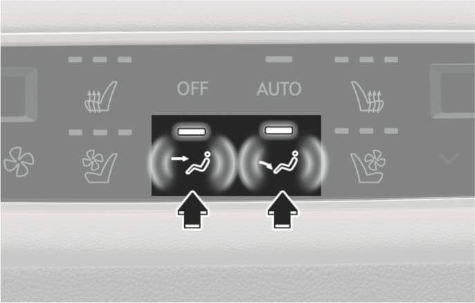 2025 Genesis GV70 rear air conditioning mode selection image. Two illuminated buttons display icons of a seated figure with arrows pointing to the face and feet, respectively. Black arrows pointing upward at the bottom indicate the buttons to be pressed. Explains the function of selecting the air flow direction for the rear seats.