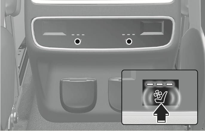 2025 Genesis GV70 rear seat ventilation switch image. It displays the buttons on the rear console with a detailed inset showing a seat icon with a fan symbol and three indicator lights. A black arrow points upward to indicate pressing the switch. Explains the function of activating the seat cooling and adjusting fan speed.