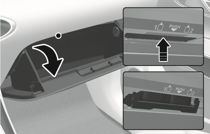 2025 Genesis GV70 fragrance cartridge replacement image. The open glove box is shown with a curved arrow indicating the opening motion. Inset views detail the internal slot with 'PUSH' text and bottle icons, using an upward arrow to show the release mechanism. Explains the function of replacing the fragrance cartridge.