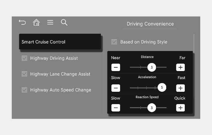 2025 Genesis GV70 Smart Cruise Control settings image. The screen displays the 'Smart Cruise Control' menu with a pop-up window for adjusting 'Distance', 'Acceleration', and 'Reaction Speed' using minus and plus buttons. Explains the function to manually customize the system's driving style parameters.