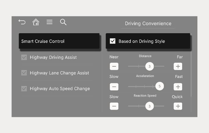 2025 Genesis GV70 Smart Cruise Control settings image. The screen displays 'Based on Driving Style' selected under the 'Driving Convenience' menu, with sliders for 'Distance', 'Acceleration', and 'Reaction Speed'. This explains the function to automatically adjust cruise control parameters based on the driver's style.