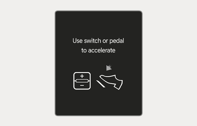 2025 Genesis GV70 Highway Driving Assist restart message image. It displays the text 'Use switch or pedal to accelerate' on the instrument cluster, accompanied by a switch icon with plus and minus signs and a foot pressing a pedal icon indicated by an arrow. This explains how to resume driving by operating the switch or accelerator pedal after the vehicle has stopped.