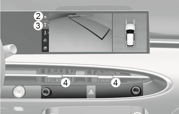 2025 Genesis GV70 Surround View Monitor Front View image. The screen displays the front and top-down views. The Home icon (2) and View icon (3) are on the sidebar. Infotainment buttons (4) are on the dashboard. Describes the front view interface.