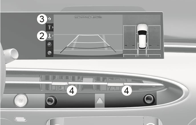 2025 Genesis GV70 Surround View Monitor rear view screen image. The infotainment screen displays the rear view with parking guidelines and a top-down view. Callout (2) indicates the view buttons, and (3) indicates the Home button on the screen. Callout (4) points to the physical infotainment system buttons below the screen. Explains the rear view interface and controls.