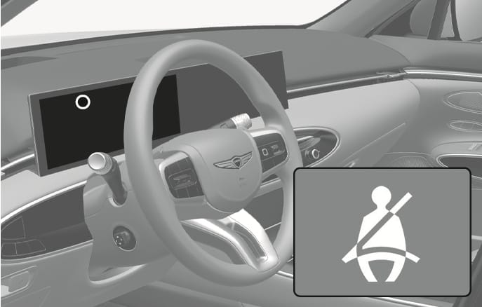 2025 Genesis GV70 Seat belt warning light image. A white circle on the instrument cluster indicates the warning light's location, and an inset displays the symbol of a person wearing a seat belt. This explains the function that alerts occupants when a seat belt is unfastened.