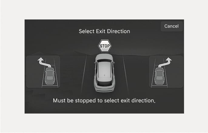 2025 Genesis GV70 Remote Smart Parking Assist screen image. The display shows 'Select Exit Direction' with a central vehicle graphic and a 'STOP' icon. Left and right buttons feature curved arrows indicating the exit path. Text reads 'Must be stopped to select exit direction.' Explains the function for selecting the direction to leave a parking spot.