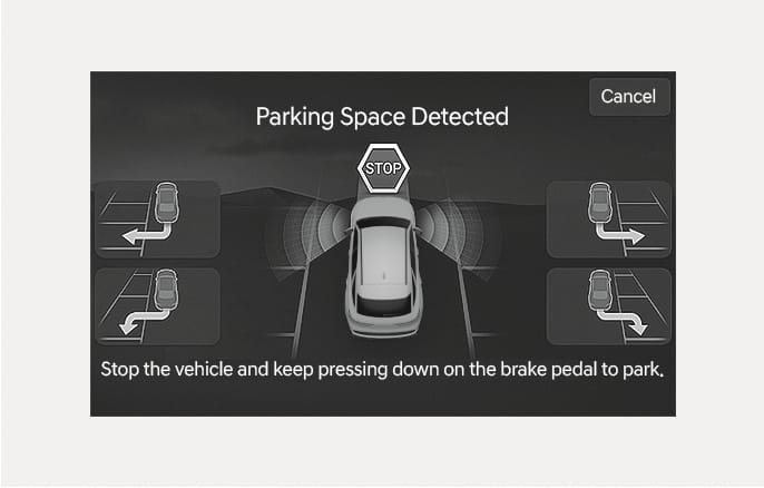 2025 Genesis GV70 Remote Smart Parking Assist infotainment screen image. A top-down view of the vehicle is displayed with a 'STOP' sign icon. Four parking mode options with curved arrows indicating parking paths are shown on the sides. The text 'Parking Space Detected' appears at the top, and 'Stop the vehicle and keep pressing down on the brake pedal to park' is at the bottom. This describes the interface for selecting a parking space and the instruction to stop the vehicle.