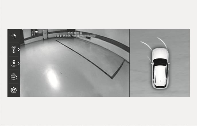 2025 Genesis GV70 Remote Smart Parking Assist screen image. The screen displays a camera view on the left and a top-down vehicle graphic with curved trajectory lines on the right. Explains the function of monitoring the parking status.